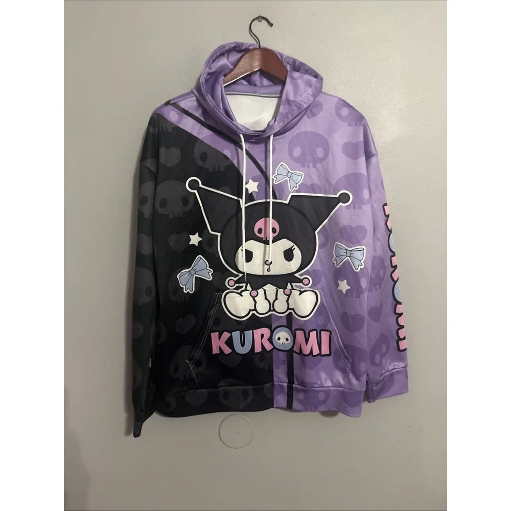 💜 Sanrio Character KUROMI Pull-Over HOODIE w/ EARS ~ Purple & Black‎ Sz Large